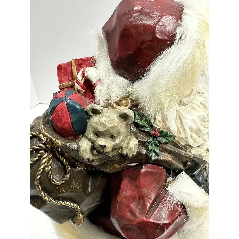Vintage Wood Carved Art Santa Claus Entering Chimney With Sack Of‎ Toys Figure